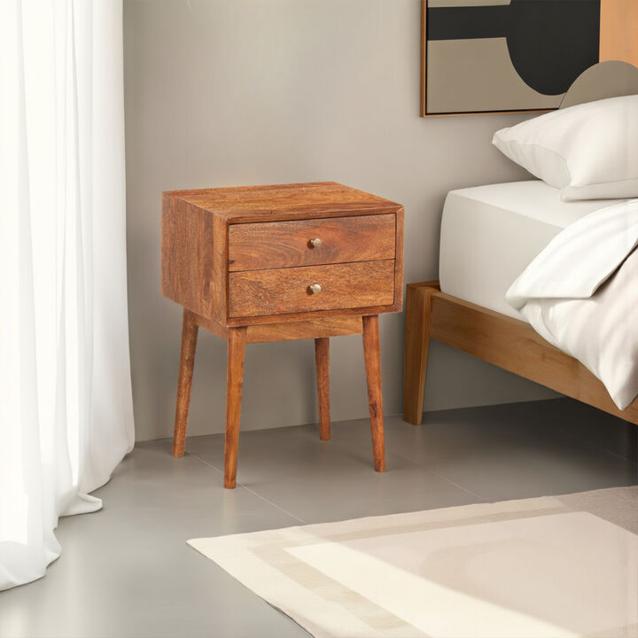 Nali Bedside Nightstand Table, 2 Drawers, Natural Brown Mango Wood, Brass Knobs