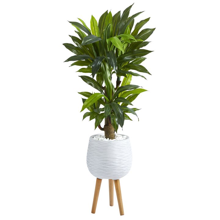 Hivvago 46" Corn Stalk Dracaena Artificial Plant in White Planter with Stand (Real Touch)