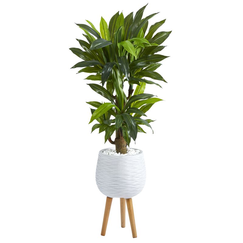 Hivvago 46" Corn Stalk Dracaena Artificial Plant in White Planter with Stand (Real Touch)