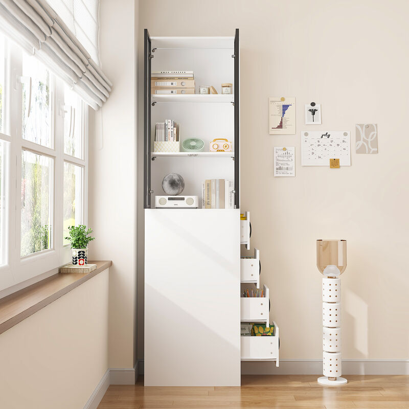 FUFU&GAGA Slim Bookshelf with Glass Doors & LED Lights, Modern Narrow Bookcase with Adjustable Storage for Living Room, Study & Home Office (24.3" W x 86.6" H x 11.8" D),White