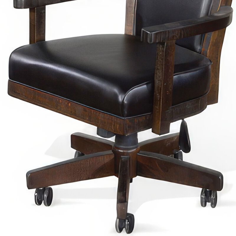 Flint Rolling Swivel Game Chair, Black Faux Leather, Dark Brown Wood - Benzara