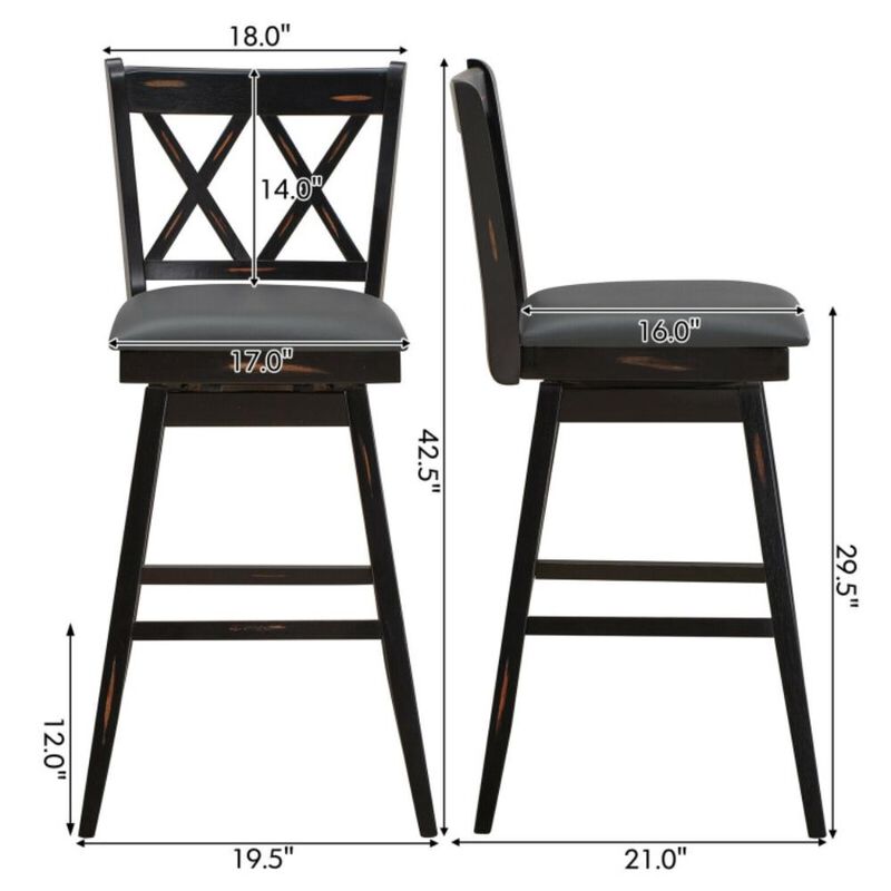 Hivvago 2 Pieces 29 Inches Swivel Counter Height Barstool Set with Rubber Wood Legs