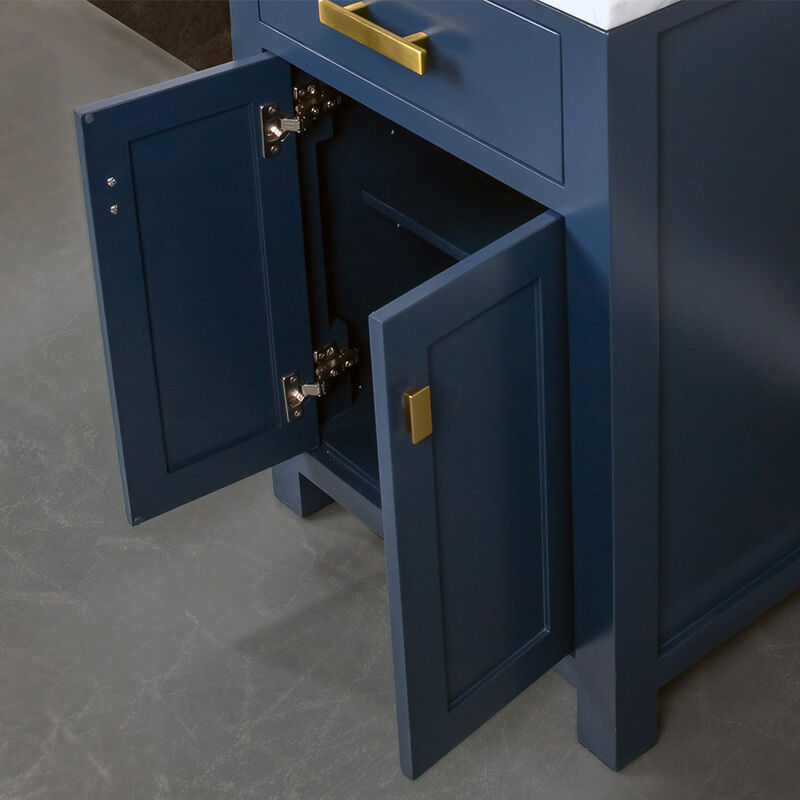 Madison 24 In. Single Sink Carrara White Marble Countertop Bath Vanity In Monarch Blue with Satin Gold Hardware