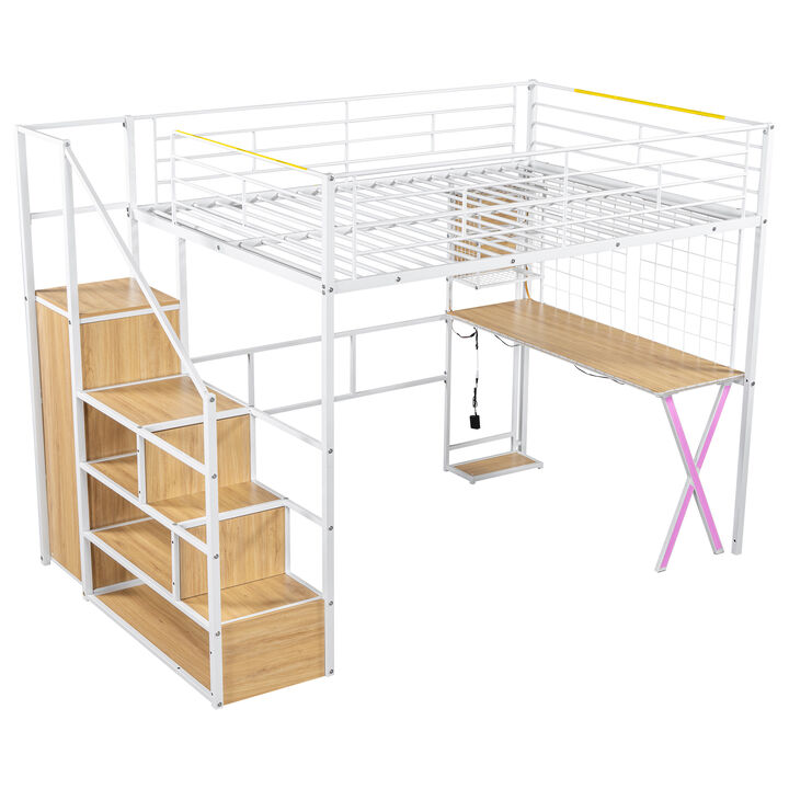 Merax Metal Loft Bed with LED and Storage Staircase