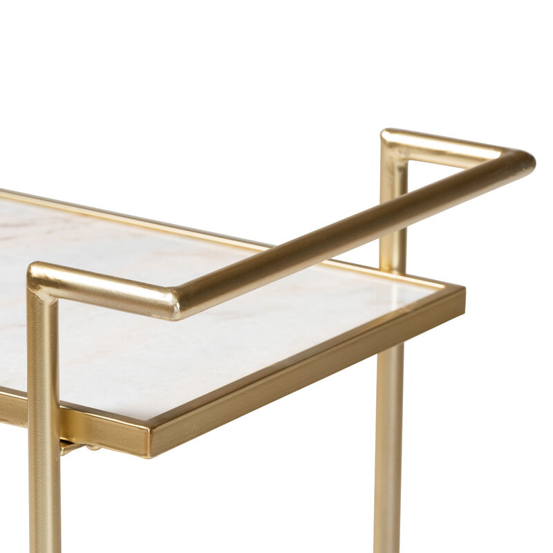 Baxton Studio Louise Contemporary Glam and Luxe Gold Metal and White Marble 2 Tier Wine Cart