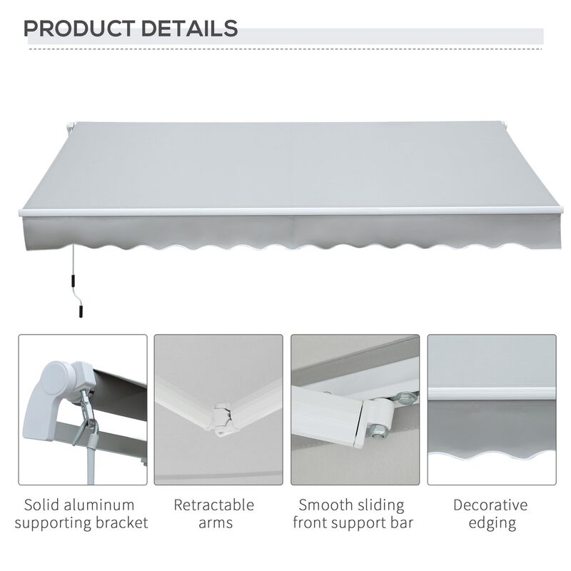 Light Gray Patio Cover: 12'x8' Manual Retractable UV-Resistant Awning