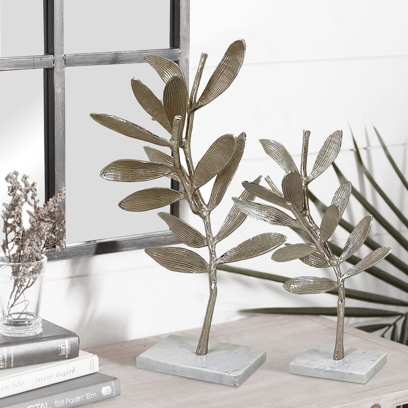 28, 23 Inch Set of 2 Metal Statuettess, Decorative Accent Olive Tree, White - Benzara