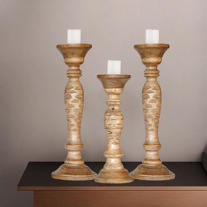 Traditional Wallnut Eco-friendly Handmade Mango Wood Set Of Three 15",12" & 15" Pillar Candle Holder