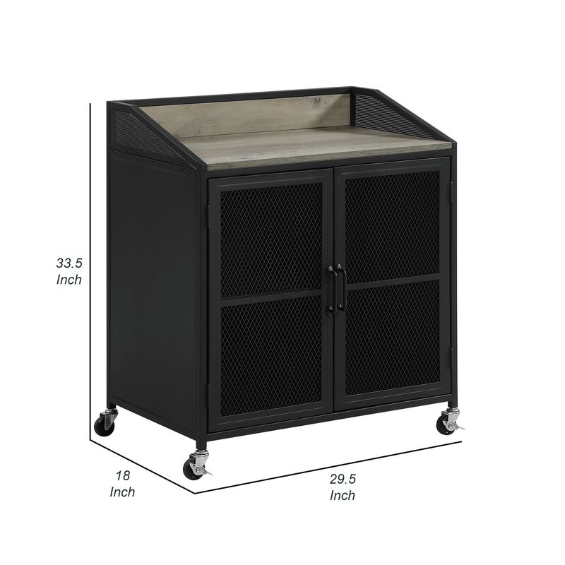 34 Inch Bar Cabinet On Wheels, Wire Mesh Doors, Wood Grain Details, Black - Benzara
