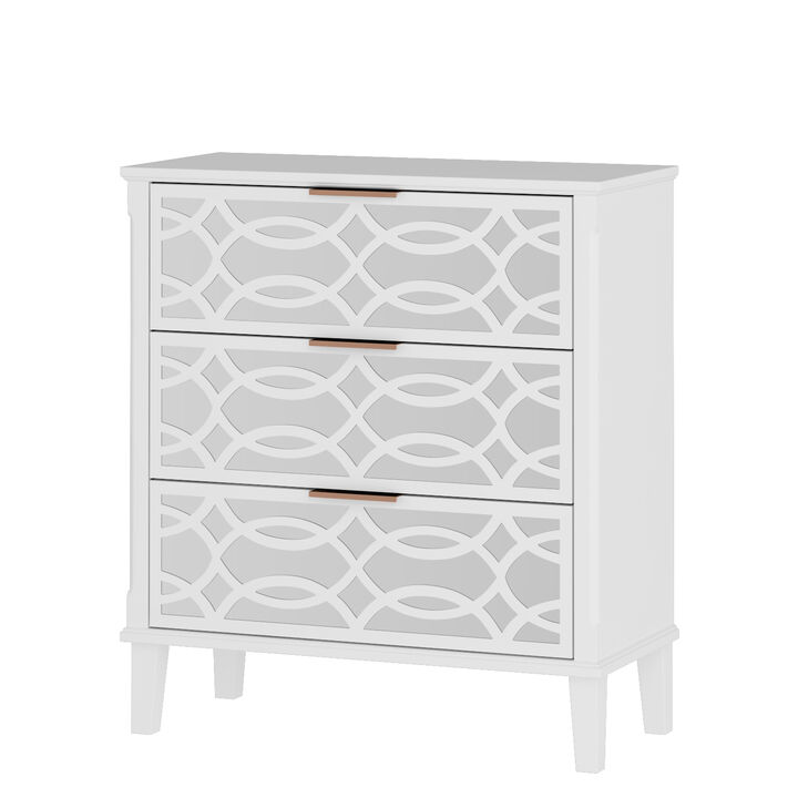 3-Mirrored Drawers White Wood Nightstands Bedside Table With Mirror Finish 11.5 in. D x 28.5 in. W x 26 in. H