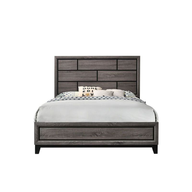 Benjara Asir Queen Size Bed, Geometric Panel Headboard, Modern Wood Finish, Gray and Black