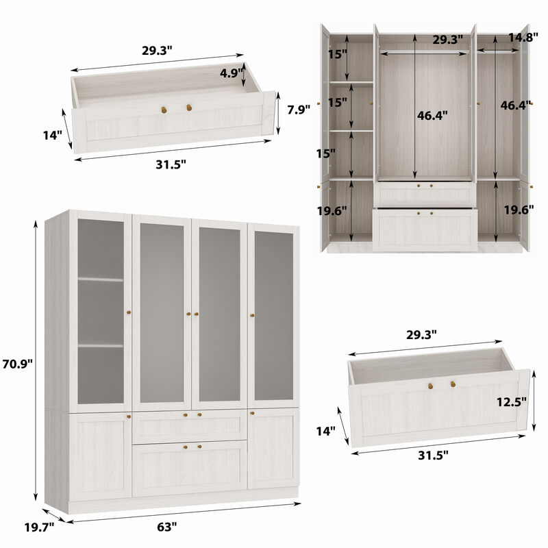 Beige Wood Grain 63 in. W Frosted Glass Doors Armoires with Hanging Rods, Drawers and Shelves 70.9 in. H x 19.7 in. D