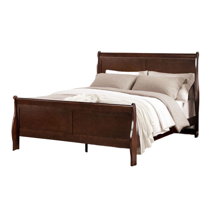 Poy Three Piece Full Size Bedroom Set, Metal Hanging Pulls, Cherry Brown Wood - Benzara