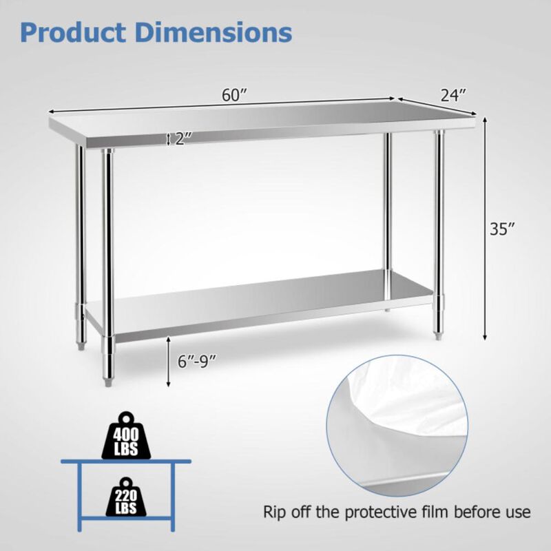 Hivvago 24 x 60 Inches Stainless Steel Kitchen Prep Work Table with Adjustable Undershelf