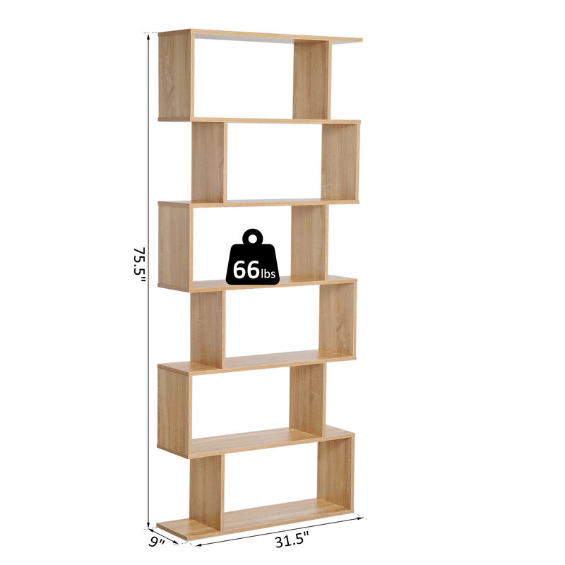 HOMCOM 75"H Bookcase 6 Shelf S-Shaped Bookshelf Storage Display Stand Organizer