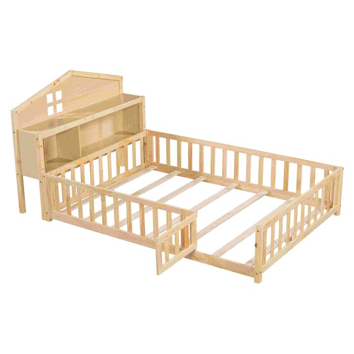 Full-size Montessori Floor Bed with Bookcases and Blackboards, Versatile Platform Beds with Guard rails, Solid Wood Floor Beds with Storage Headboards, Floor Beds for Kids and Teens