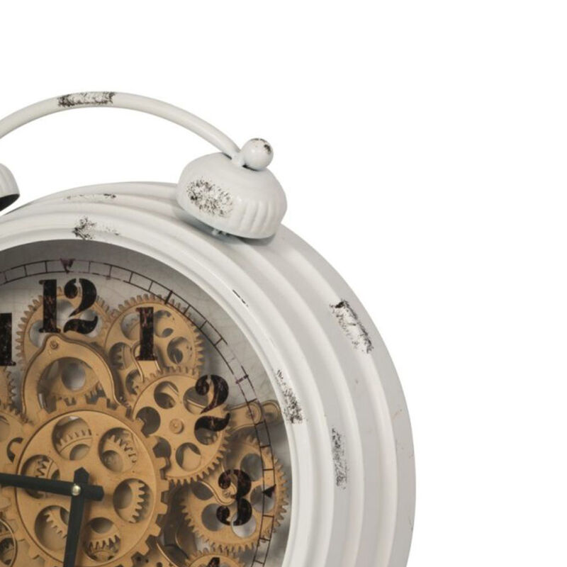 Classic Metal Table Clock with Gears Front and Distressed Details, White and Gold - Benzara