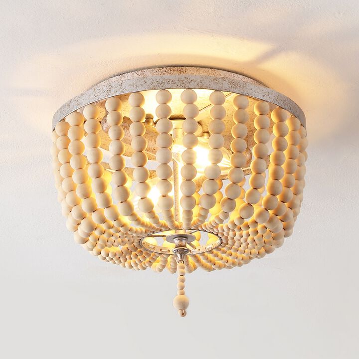 Allison 2-Light Shabby Chic Farmhouse Wood Beaded/Metal LED Flush Mount