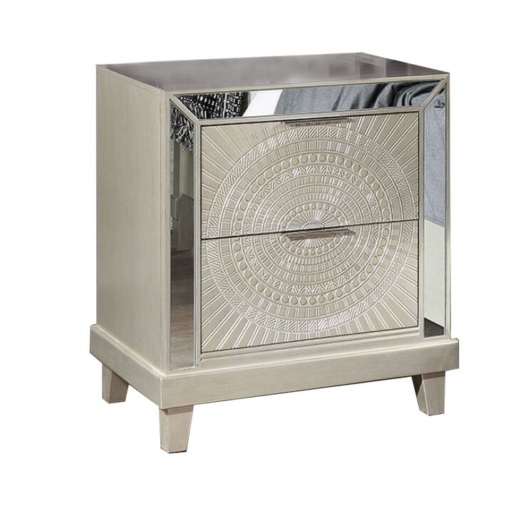 Pok 28 Inch Modern 2 Drawer Nightstand, Beveled Mirror Trim, Champagne-Benzara