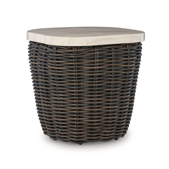 Kimo Outdoor Square End Table, Dark Brown Wicker Details, 23 Inch - Benzara