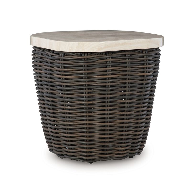 Kimo Outdoor Square End Table, Dark Brown Wicker Details, 23 Inch - Benzara