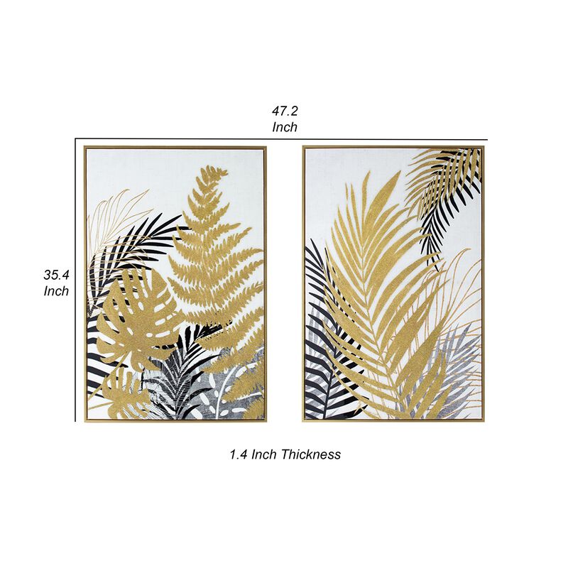 Nir 23 x 35 Set of 2 Palm Leaf Wall Art, Frame Decor, Black Gold, Gray Wood - Benzara