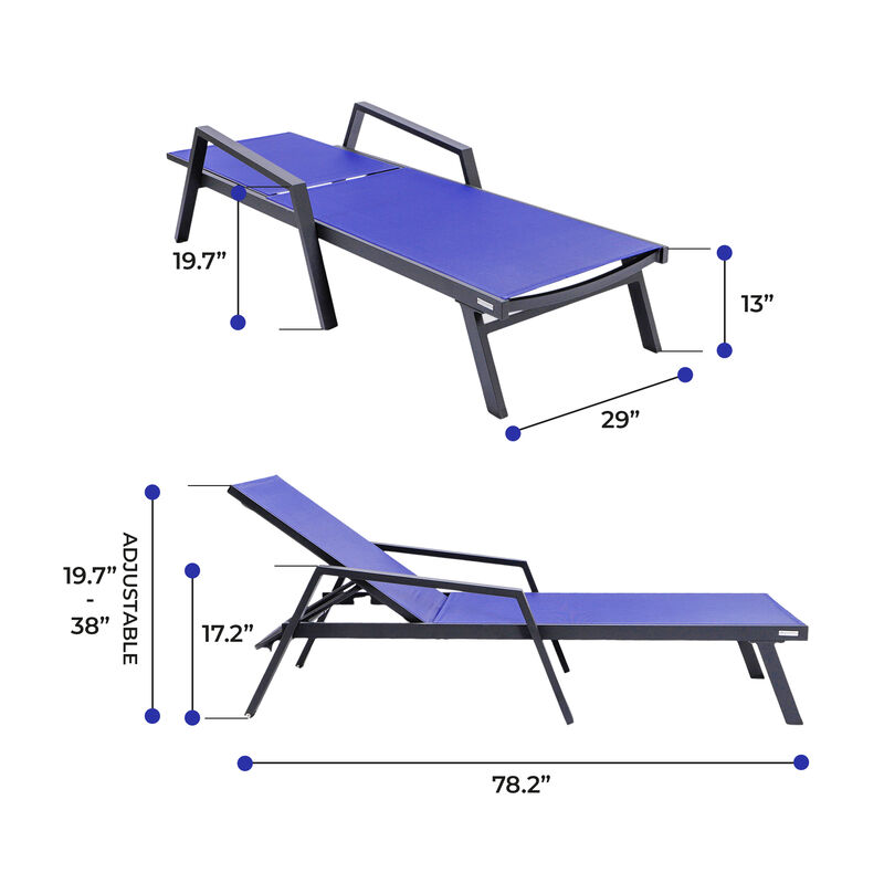 LeisureMod Marlin Patio Chaise Lounge Chair with Armrests – Black Aluminum Frame & Navy Blue Mesh for Outdoor Comfort