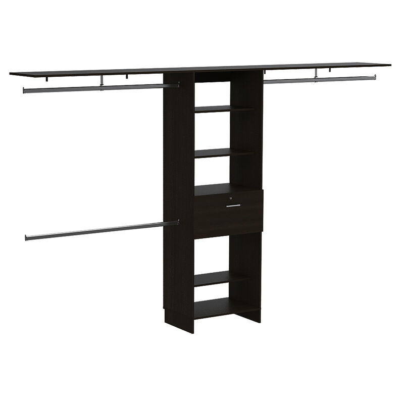 DEPOT E-SHOP Zamora 70"W - 118"W Closet System, Three Hanging Rods, Five Shelves, One Drawer, Black