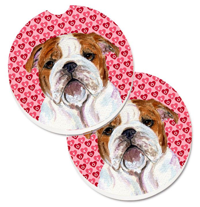 Caroline's Treasures Bulldog English Hearts Love Valentine's Day Set of 2 Cup Holder Car Coasters SS4484CARC, 2.56, Multicolor