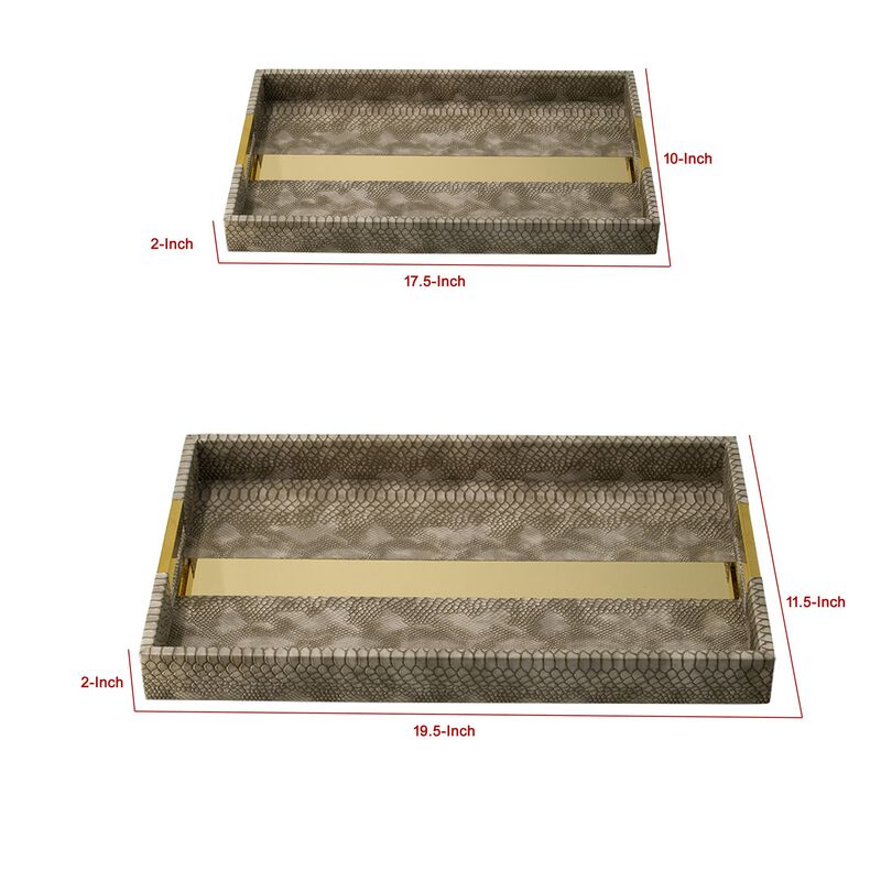 Set of 2 Textured Nesting Trays, MDF Frame, Vegan Faux Leather, Flannel - Benzara