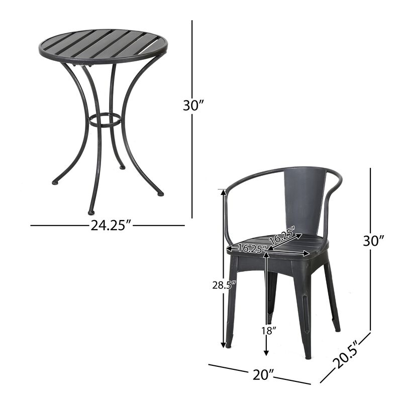 Rune Outdoor Bistro Set, 2 Chairs, Round Slatted Table, Black Iron - Benzara