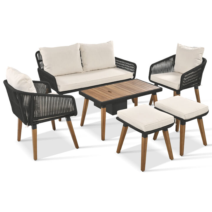 Modern & Coastal Farmhouse 6-Piece Unique Rope Woven Outdoor Patio Furniture Set
