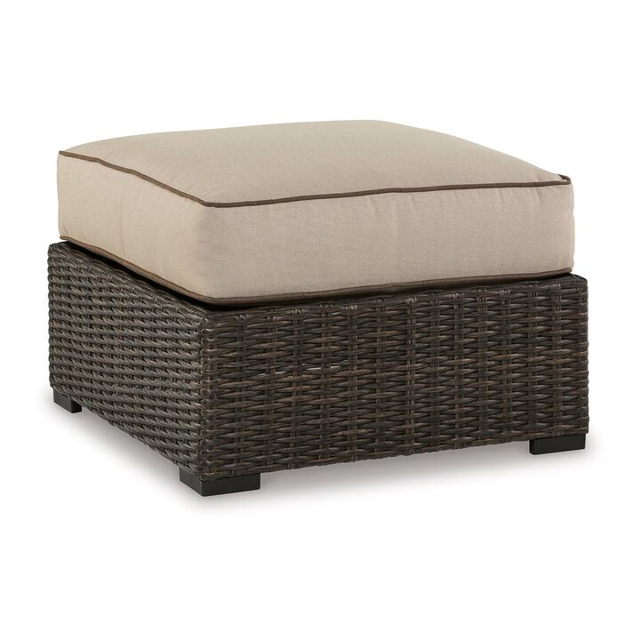 Waga 29 Inch Outdoor Ottoman, Cushioned Seat, Resin Wicker, Brown, Beige - Benzara