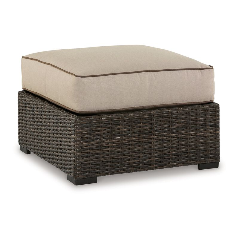 Waga 29 Inch Outdoor Ottoman, Cushioned Seat, Resin Wicker, Brown, Beige - Benzara