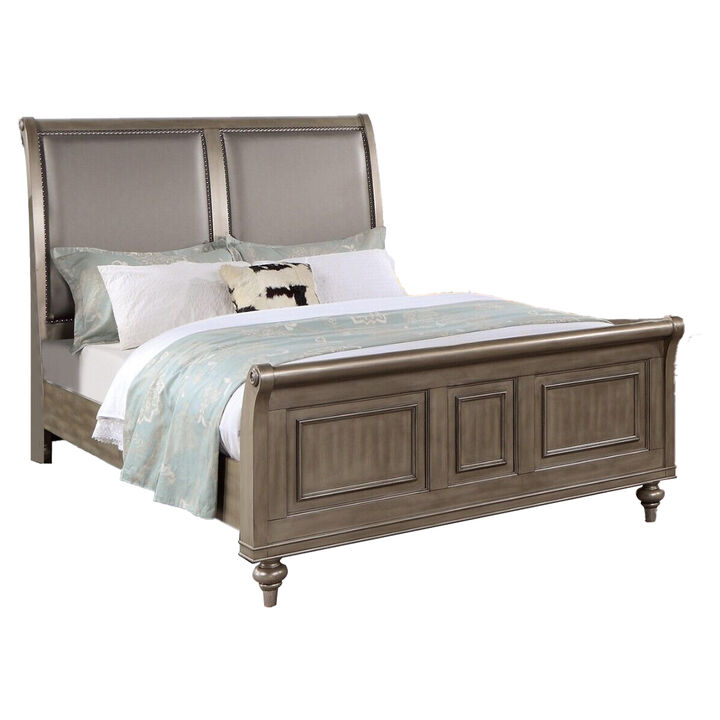 Ella Modern California King Bed, Faux Leather Upholstery, Nailhead, Gold - Benzara