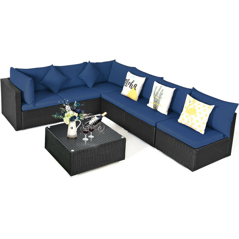 7 Pieces Sectional Wicker Furniture Sofa Set with Tempered Glass Top-Navy