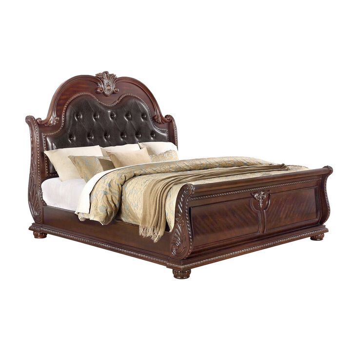 Mano Queen Bed, Faux Leather Upholstery, Classic Floral Carved, Brown Wood - Benzara