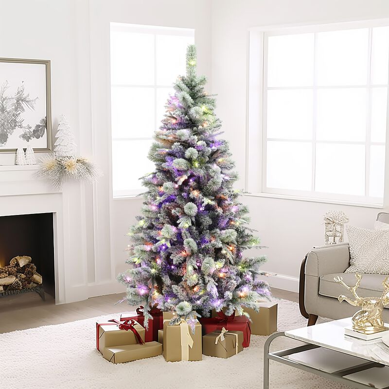 LuxenHome 6Ft Pre-Lit Full Artificial Snow-Flocked Christmas Tree, Multi Light Operations and Colors