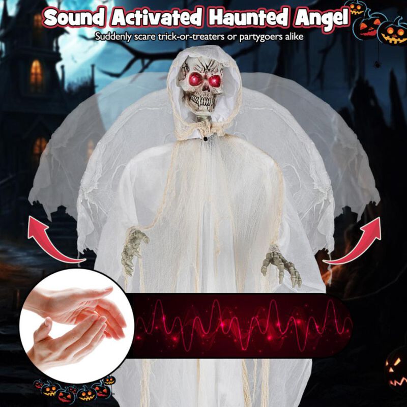 Hivvago 8.3 ft Halloween Standing Haunted Angel with Lighted Eyes and Automatic Wing Movement
