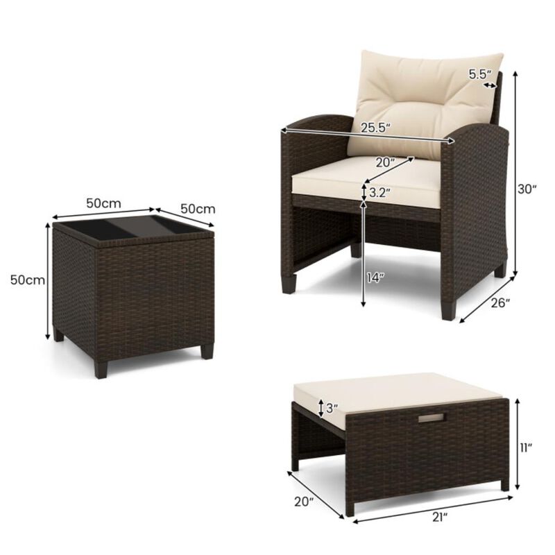 Hivvago 5 Pieces Patio Rattan Furniture with 2 Ottomans and Tempered Glass Coffee Table