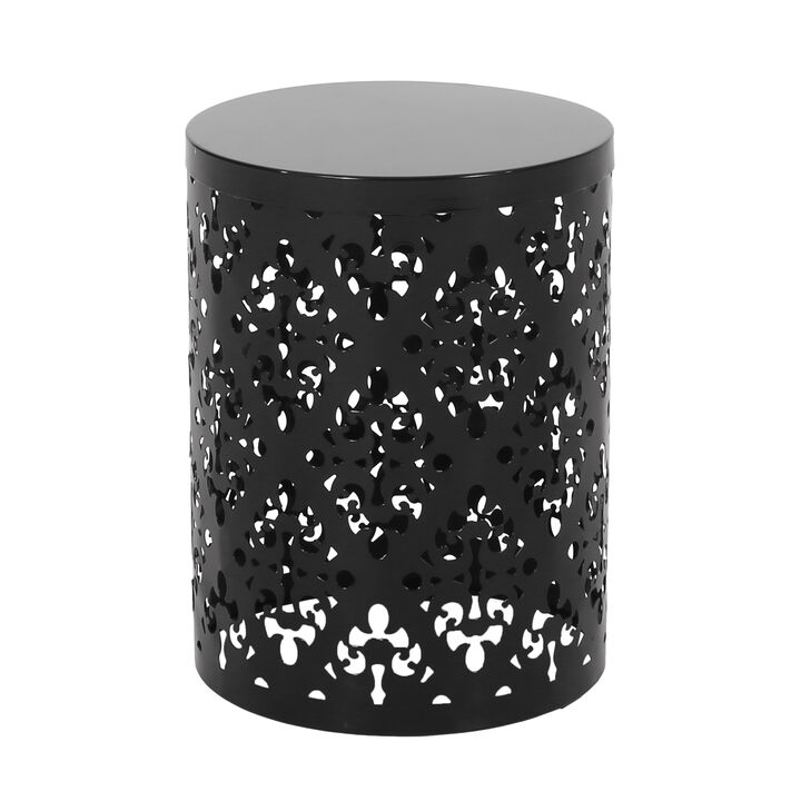 Kemo Outdoor End Table, Round 14 Inch, Cutout Design, Black Iron Frame - Benzara
