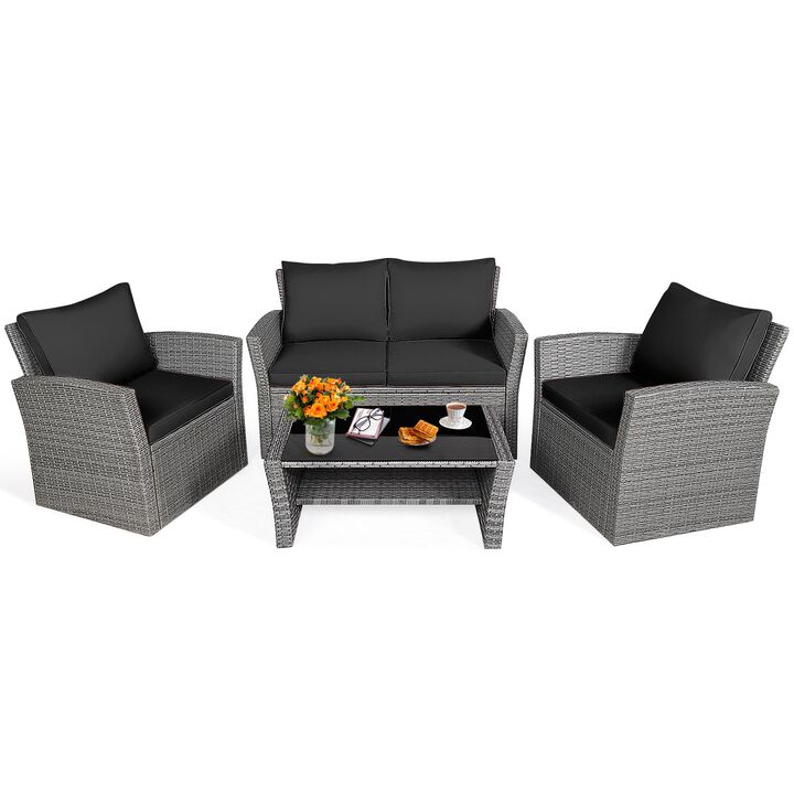 4 Pieces Patio Rattan Furniture Set Sofa Table with Storage Shelf Cushion