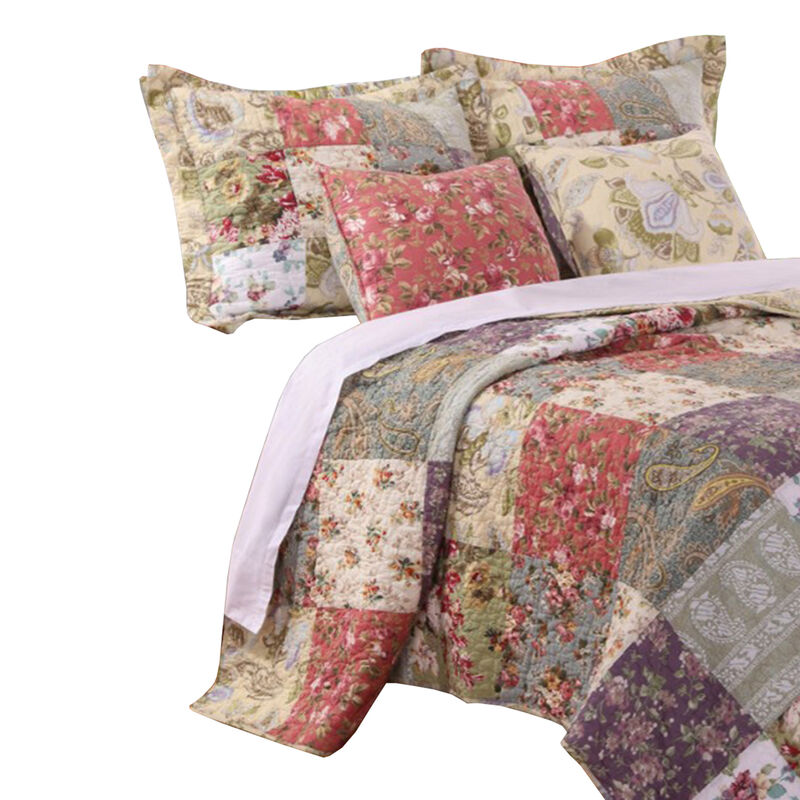 Chicago 5 Piece Fabric Queen Size Quilt Set with Jacobean Prints,Multicolor - Benzara