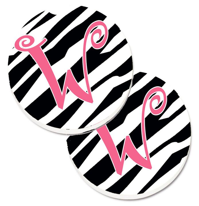 Caroline's Treasures Monogram Initial W Zebra Stripe & Pink Set of 2 Cup Holder Car Coasters CJ1037-WCARC, 2.56, Multicolor