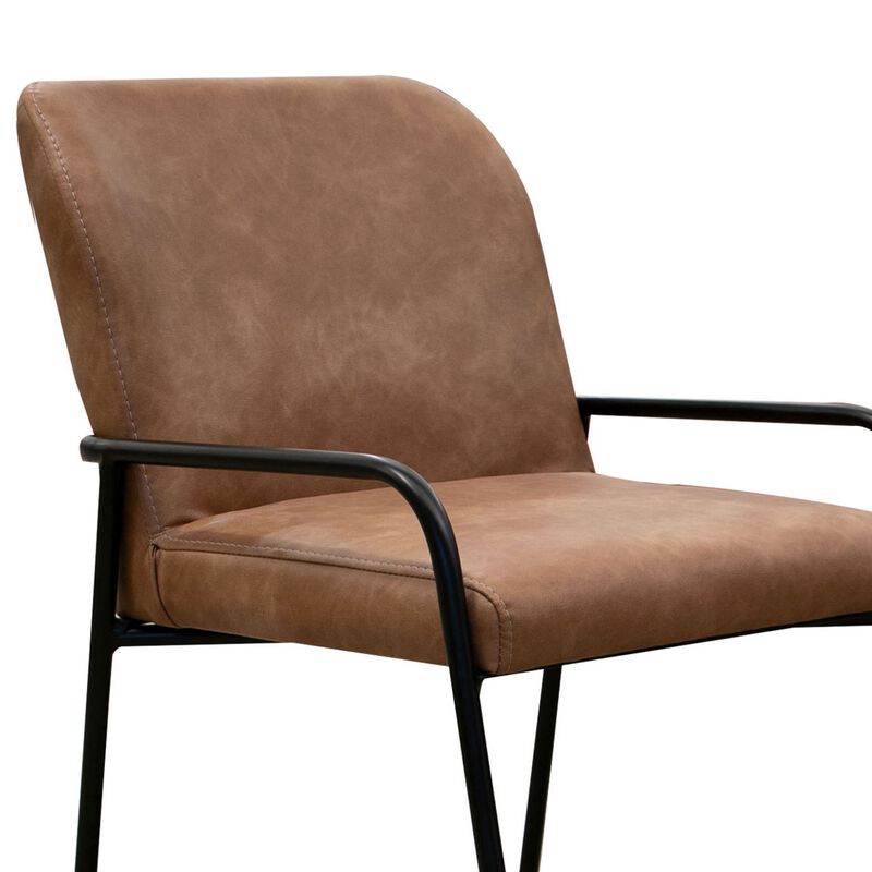 Suze Barstool Chair, Arched Back, Black Iron, Cognac Brown Faux Leather - Benzara