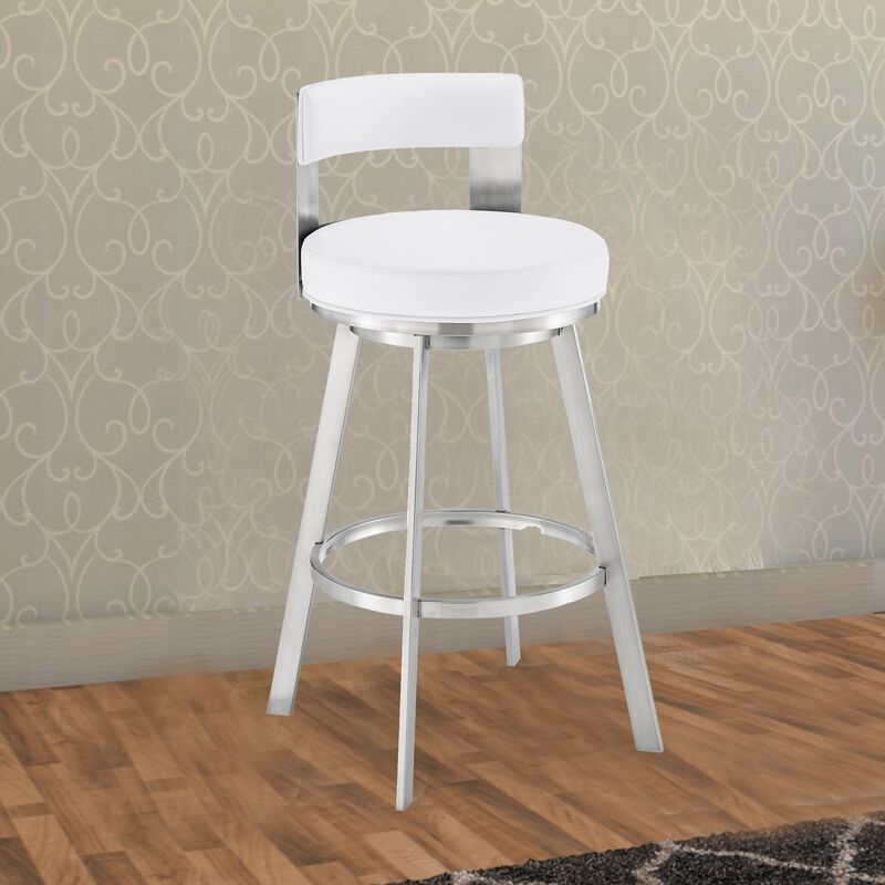 Nova 30 Inch Swivel Barstool, Panel Back, Steel Frame, White Faux Leather-Benzara