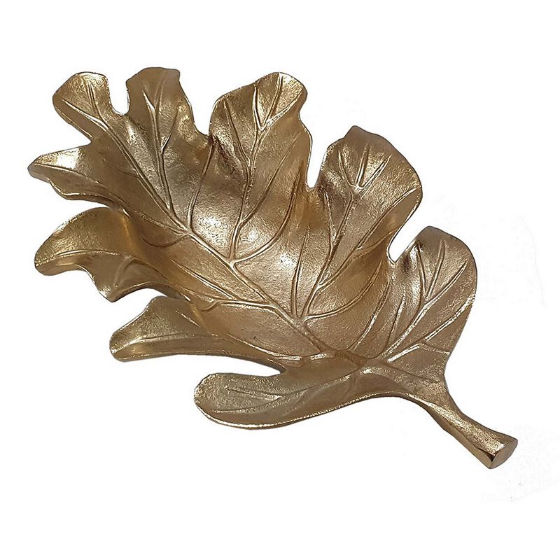 19 Inch Decorative Plate Tray, Oak Leaf Design, Gold Finished Aluminum - Benzara