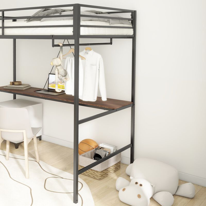 Adam Twin Loft Bunk Metal Bed Frame with Desk and Closet Rod, Guardrails, Easy Assembly, Black