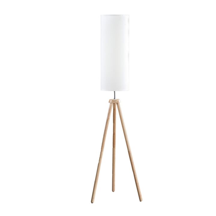 58 Inch Floor Lamp, Tall Glam Drum White Shade, Metal Tripod Body, Brown - Benzara