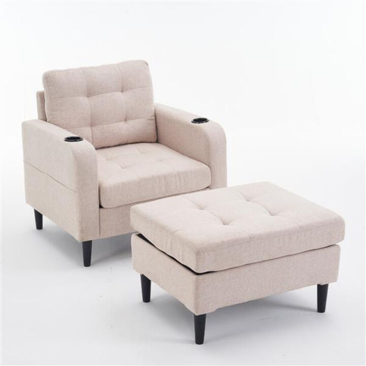 Upholstered Armchair with Storage Ottoman and Cup Holders for Cozy Seating
